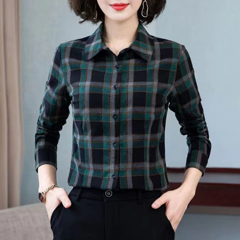 New Women Vintage Classic Plaid Elegant All Match Button Shirts Spring Autumn Fashion Office Lady Basic Blouses Long Sleeve Tops