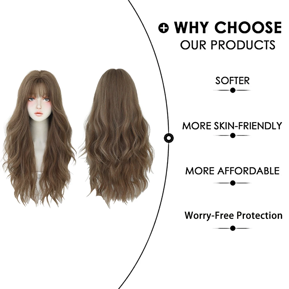 ผมสังเคราะห์สีน้ำตาลขนาด 26 นิ้ว มีลอนหยิกเป็นธรรมชาติ มีความนุ่มฟูและมีหน้าม้า เหมาะสำหรับวิกผมสำหรับเล่นบทบาทในงานปาร์ตี้ประจำวันของผู้หญิง