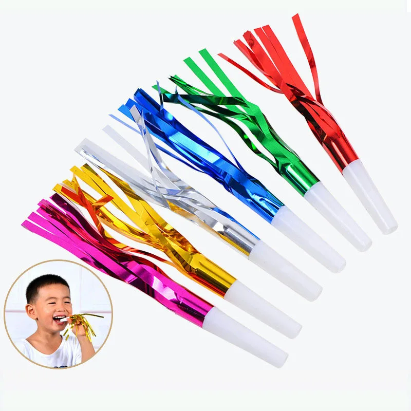 6Pcs Glitter Metallic Fringed Noise Maker Musical Blow Tassels Little Whistle for Birthday Party Blowers Horn Party Kids Gifts