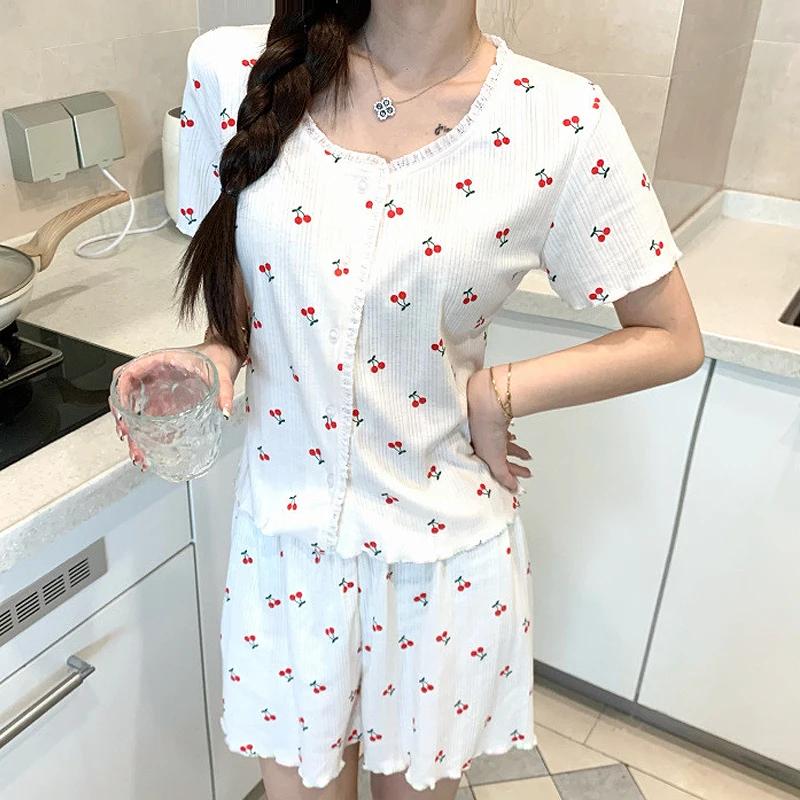 

Cotton Fabric Summer Pajamas for Women Korean Sweet Princess Style Soft Casual Short-Sleeved Student Sleepwear Homewear Cherry