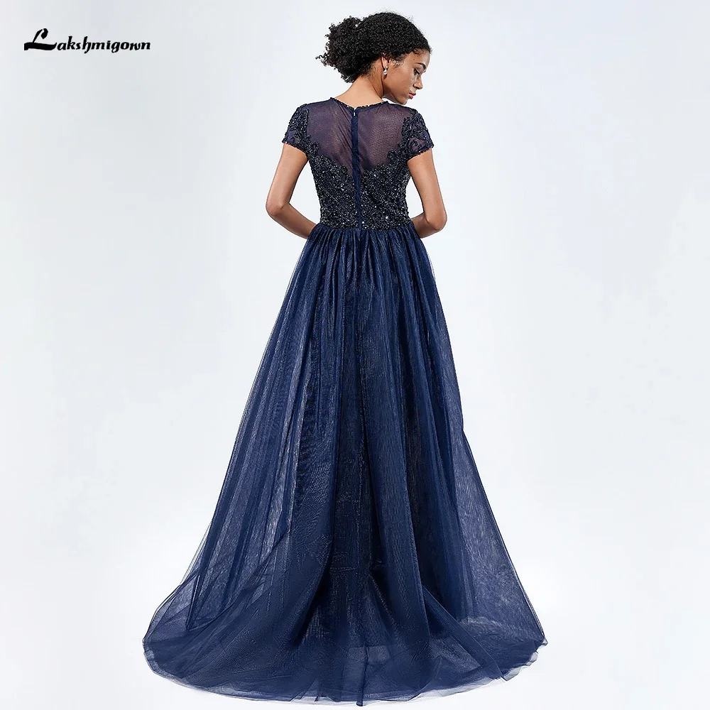 Lakshmigown Chic Navy Blue Evening Dresses A-Line Princess Scoop Neck Crystal Short Sleeve Backless Floor-Length Long Formal Dre