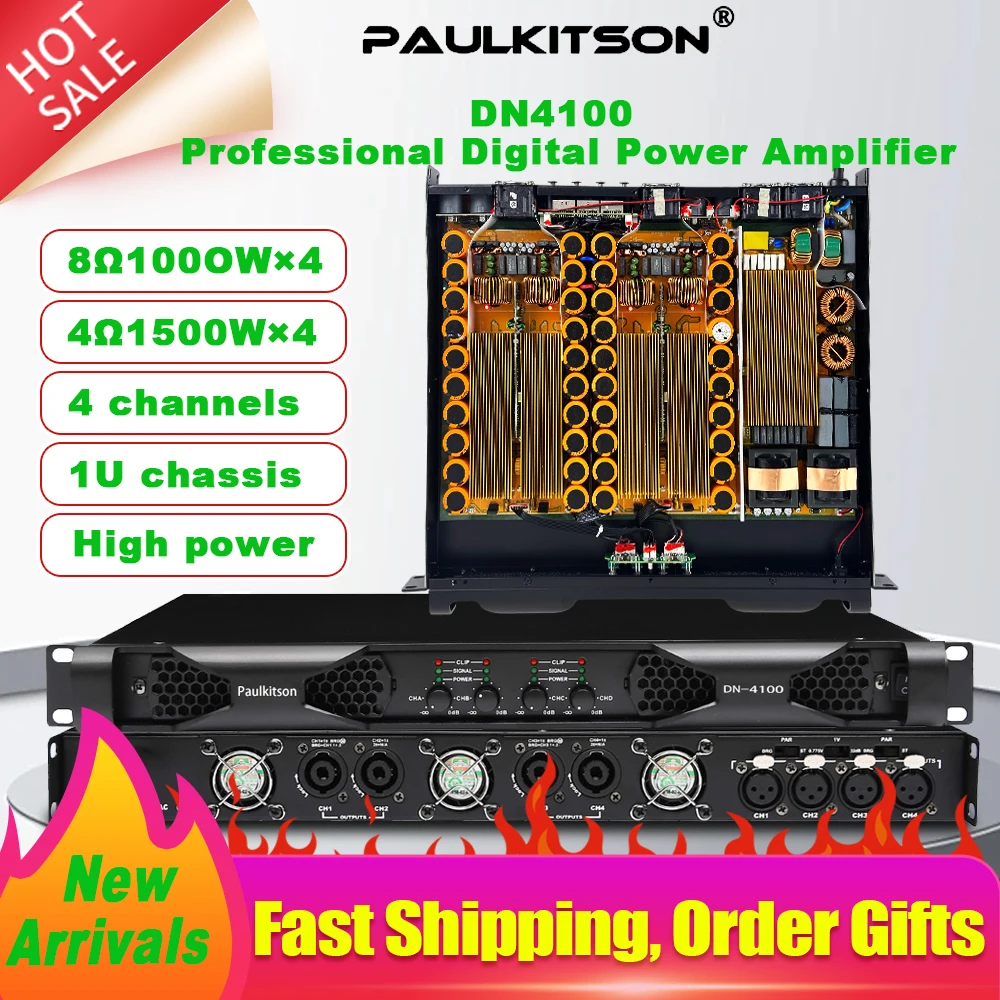 

Paulkitson DN4100 4-канальный Профессиональный цифровой усилитель мощности класса D серии Amp 4Ω 4*1500w стойка Стандартный 1U усилитель PFC