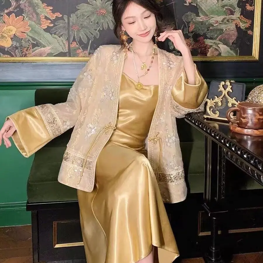 2025年 エレガントな中国風刺繍スパンコールジャケットとキャミソールドレスのセット レディース ハイエンドファッション ツーピース outfits ファッション