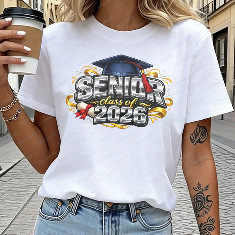 Senior Class of 2026 Cotton T-Shirt for Women Grad Cap Diploma Graphic Tee Bold Graduation Casual Tops Senior Year Grad Gift