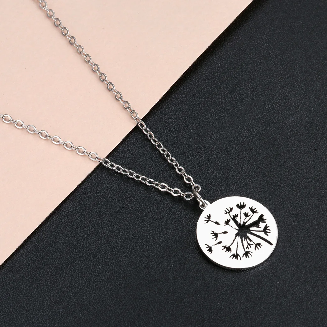 Stainless Steel Dandelion Wishing Necklace Circle Dandelion Dicsc Pendant Necklace Gift for Her Lucky WISH Jewelry