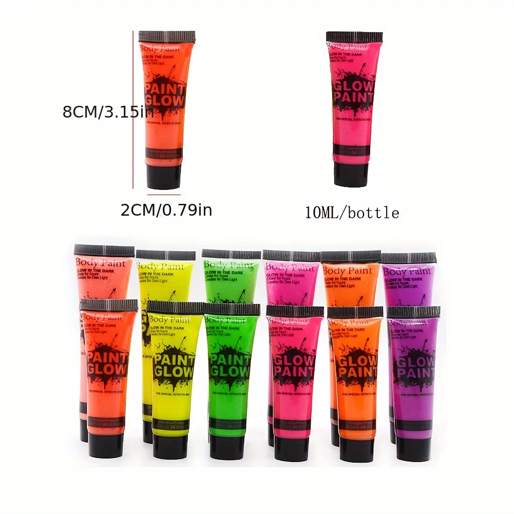 6 Colors Quicker Dry Glow in The Dark Body and Face Paint for Halloween Parties Washable Fluorescent Makeup for Music Festiva