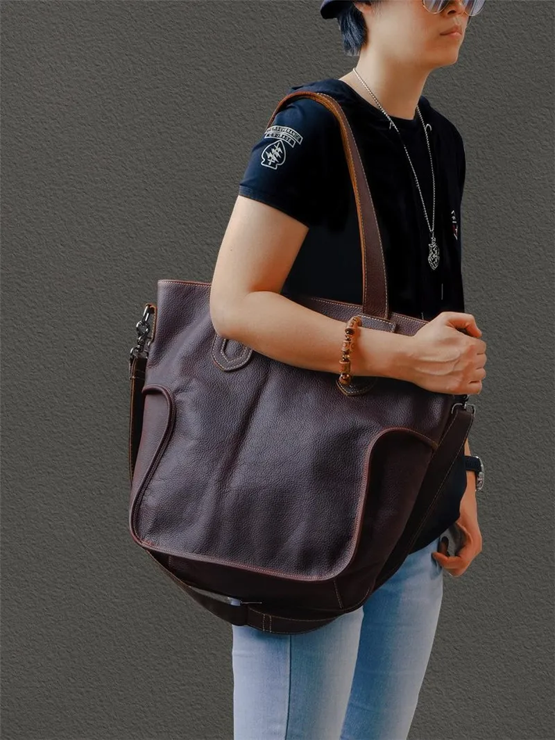 Casual vintage genuine leather men\'s tote bag designer luxury handmade natural cow leather large-capacity shopping shoulder bag