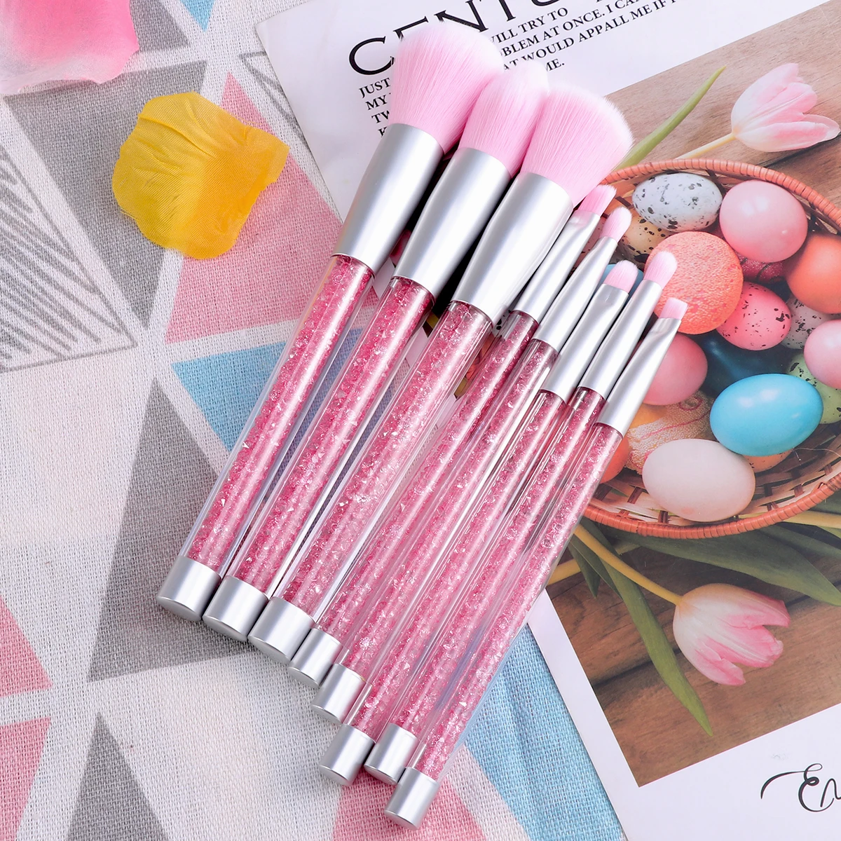 

8pcs Crystal Sequins Makeup Brush Set Rhinestone Handle Kit For Women Professional Daily Use Pink