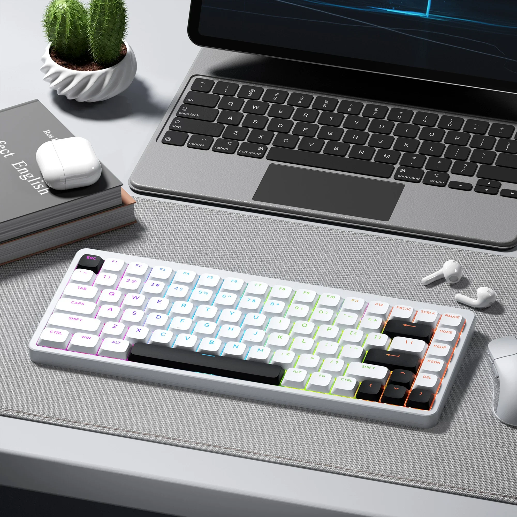 Skyline R2 Keycap Profil Rendah Double-Shot PBT Shine-Through 118 Tombol Hitam Putih Kompatibel MX Switch untuk Gaming Kantor