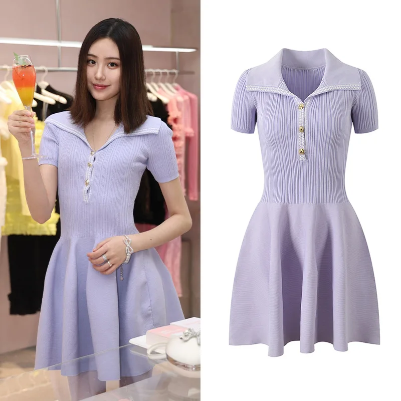 

Spring 2025 New Sle Ele Lav Slim Fit Knitted Dr Turn-down Collar ort Sve High Waist A-line Skirt