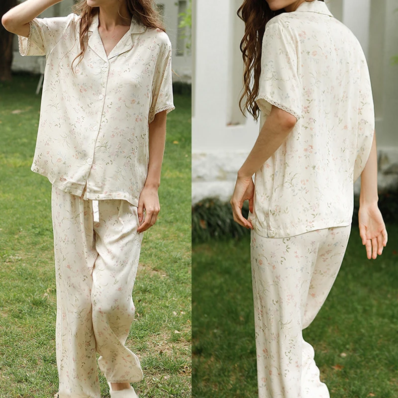 

Летний тонкий атласный пижамный комплект с коротким рукавом и брюками, с принтом ивовых листьев, из вискозы, для дома и отдыха, из двух предметов