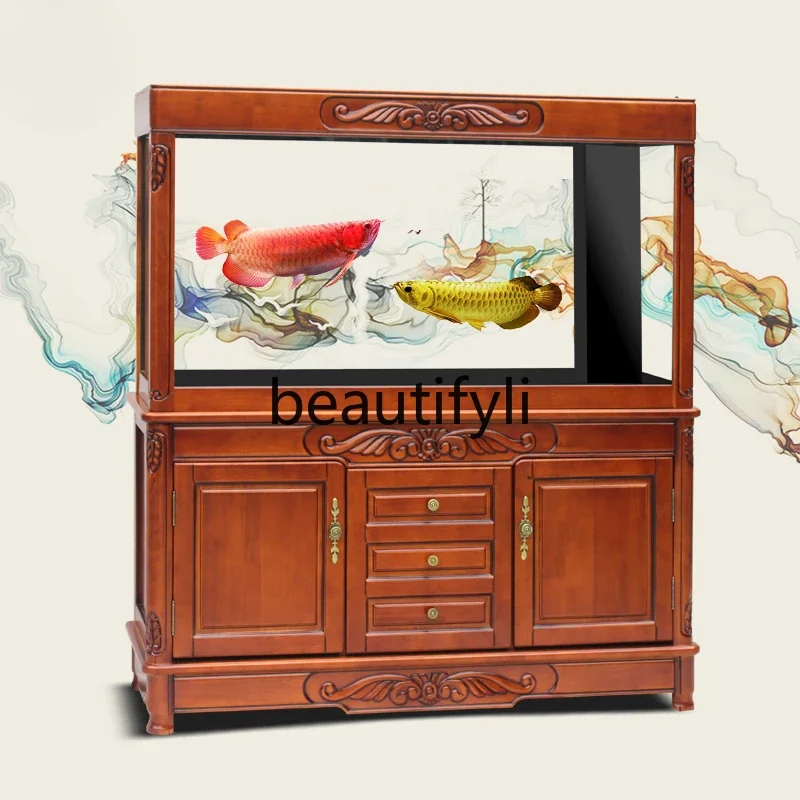 

SS Solid wood fish tank Large glass aquarium Lazy water-free Chinese European living room fish tank