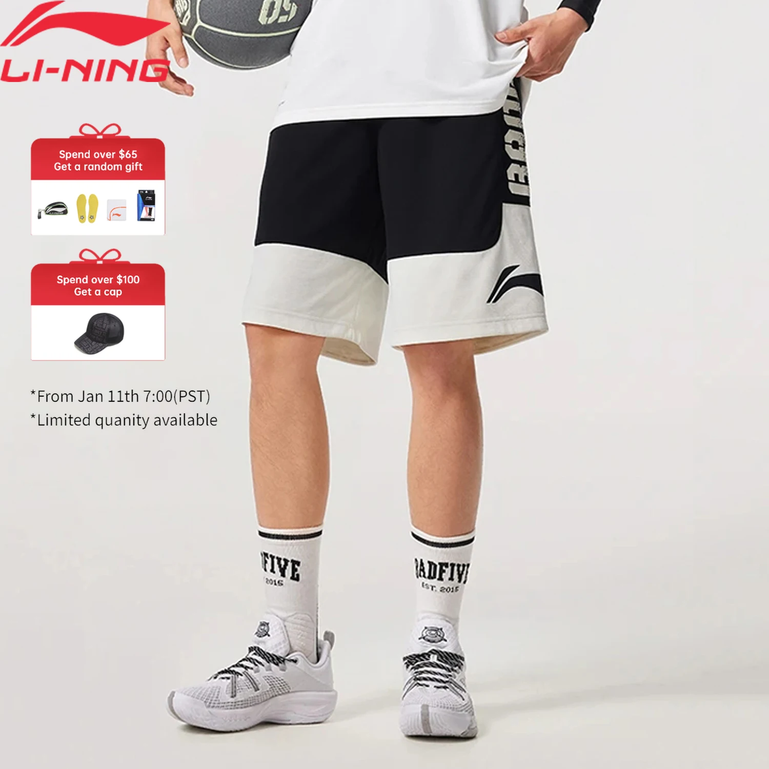 Li-Ning Men's BADFIVE Basketball Competition Shorts AT DRY Polyester Breathable Comfortable LiNing Sports Bottoms AAPV021