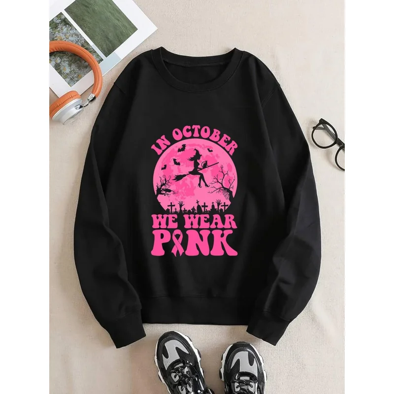 Halloween Breast Cancer Awareness Women's Long Sleeve Pullover Pink Ribbon Pink Round Neck Top Sweatshirt