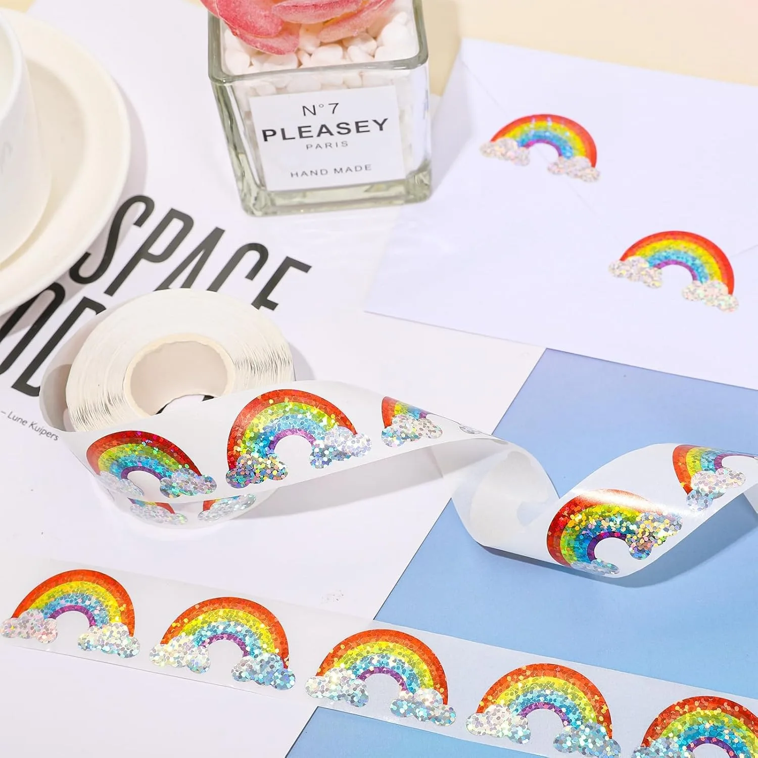 500Pcs 1.18In*3Cm Rainbow Glitter Label Stickers Window Gift Decoration Labels Stickers Gift Box Stickers Birthday Party Decoration Stickers Gift Packaging Stickers Envelope Sealing Stickers image 3