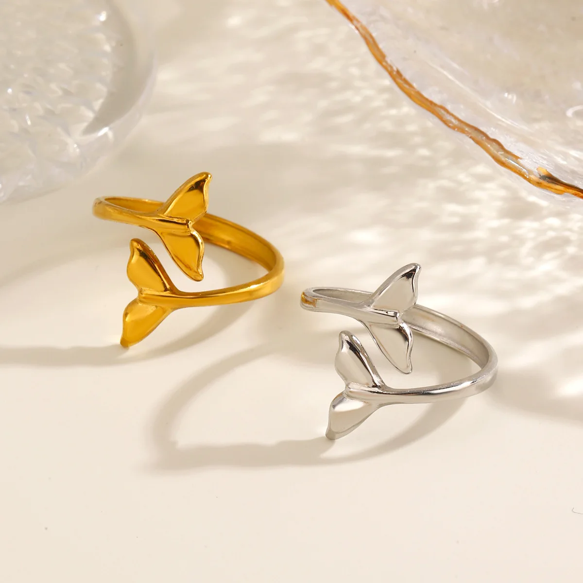 Stainless Steel Vacation Style Ring Women Fish Tail Open Ring Trendy Personality Hip Hop Fade-resistant Hand Jewelry Accessories