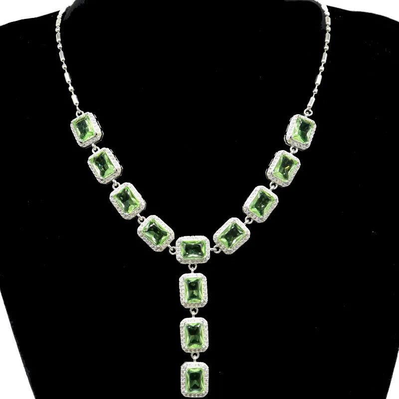 

40x9mm New Designed Sky Blue Topaz Green Tsavorite Garnet Green Amethyst Iolite CZ Women Silver Necklace 18-19inch