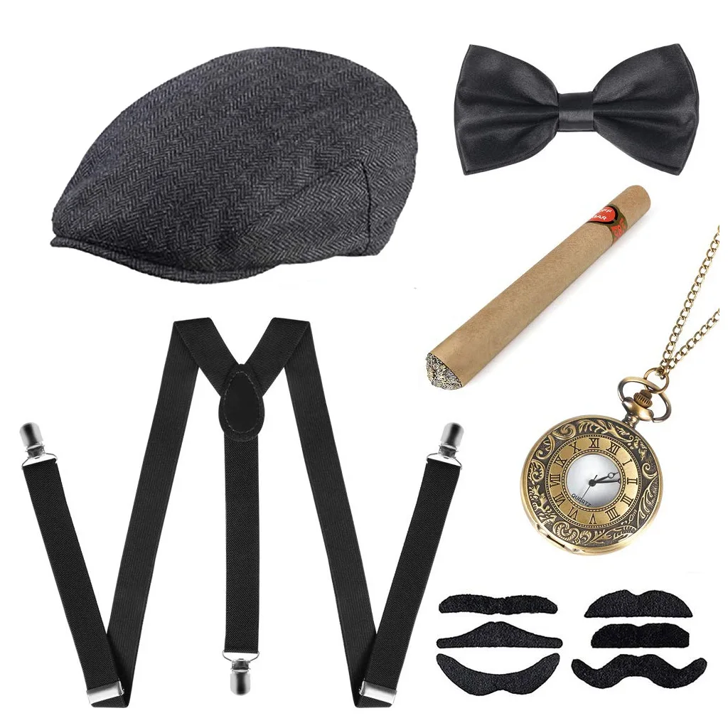 Accessories Set 30s Manhattan Gangster Beret Y-Back Suspender pocket watch 1920s Men Gatsby Costume Beard