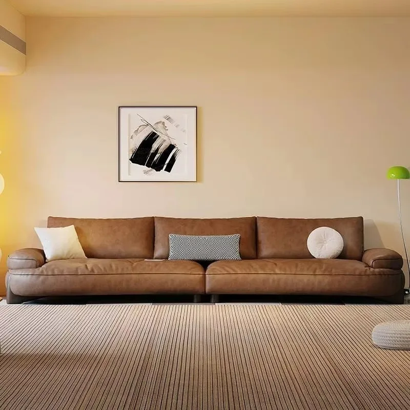 Italian Style Modern Vintage Top Grain Genuine Leather Sofa Light Luxury Straight Curved Sofa for Large Home Living Room