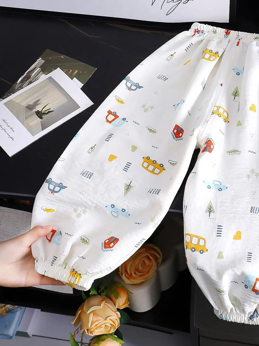 Mosquito-Resistant Summer Pants for Babies Boys Girls Loose Lantern Thin Style Casual Loose Cuffed Nine-Piece Pants