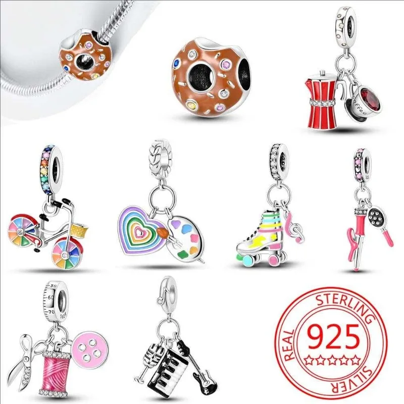 925 encantos de prata esterlina para mulheres, rosquinha colorida, bandeja de pintura pingente, se encaixa pulseira pandora original, fabricação de jóias