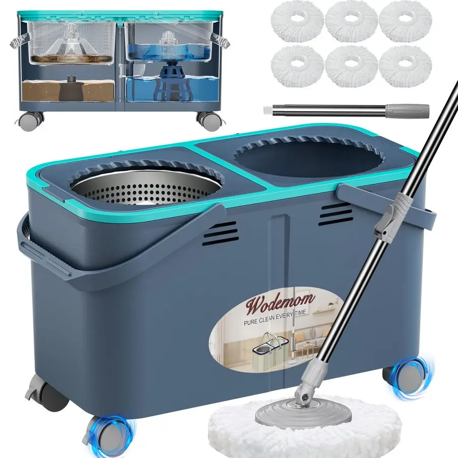 

Upgraded Gen 2 Spin Mop and Bucket Set with 4 Swivel Wheels for Easy Rolling, Separates Clean amp Dirty Water, Floor Mop with 6
