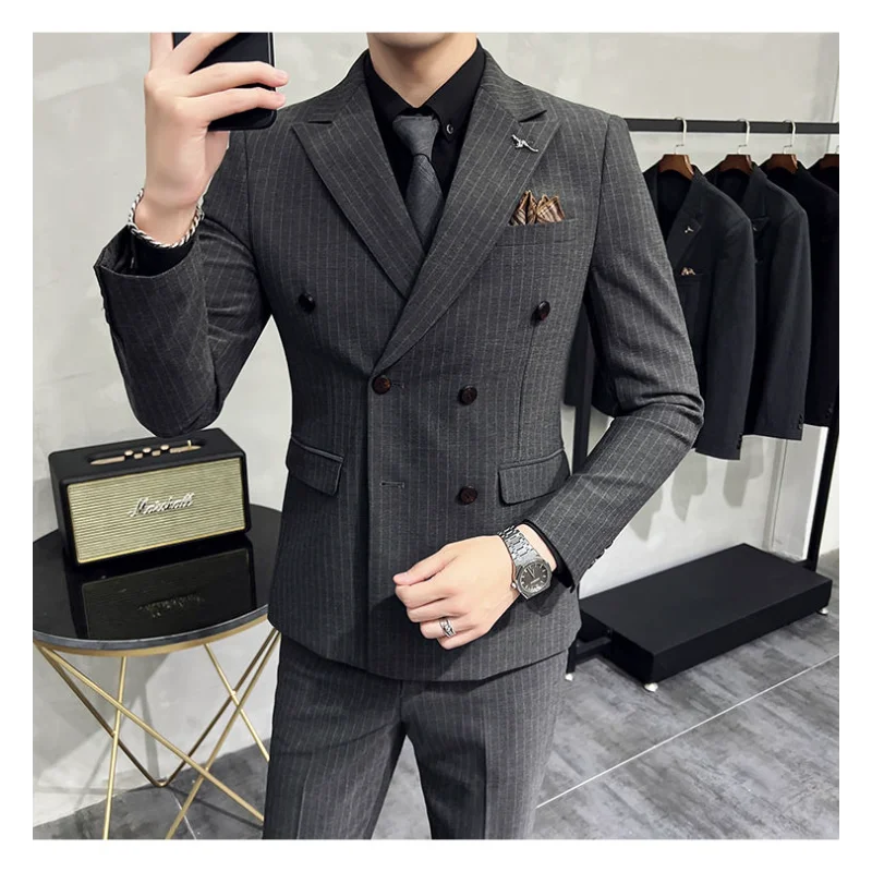 Terno listrado de fenda dupla masculino jovem fino estilo coreano terno casual na moda vestido de casamento do noivo