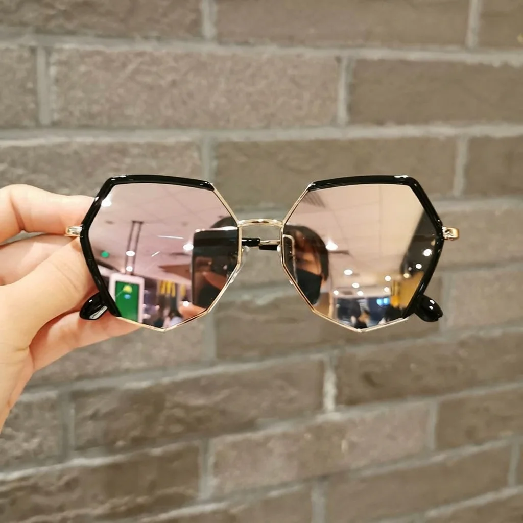Kids Polygon Sunglasses Girls Boys Fashion Hexagon Sun Glasses Children Luxury Brand Metal Colorful Mirror Lens UV400 Shades