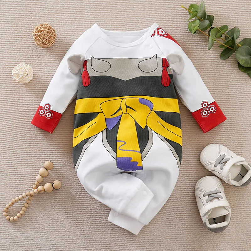 

Комбинезон для новорожденных мальчиков и девочек, милый мультяшный воин с вишневым цветом, простой повседневный косплей, белый весенне-осенний детский комбинезон