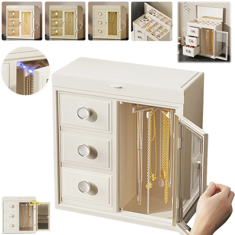 

New High-end Rotating Large Capacity Jewelry Ring Earring Necklace Bracelet Storage Box with Mirror Multi-functional Makeup Case