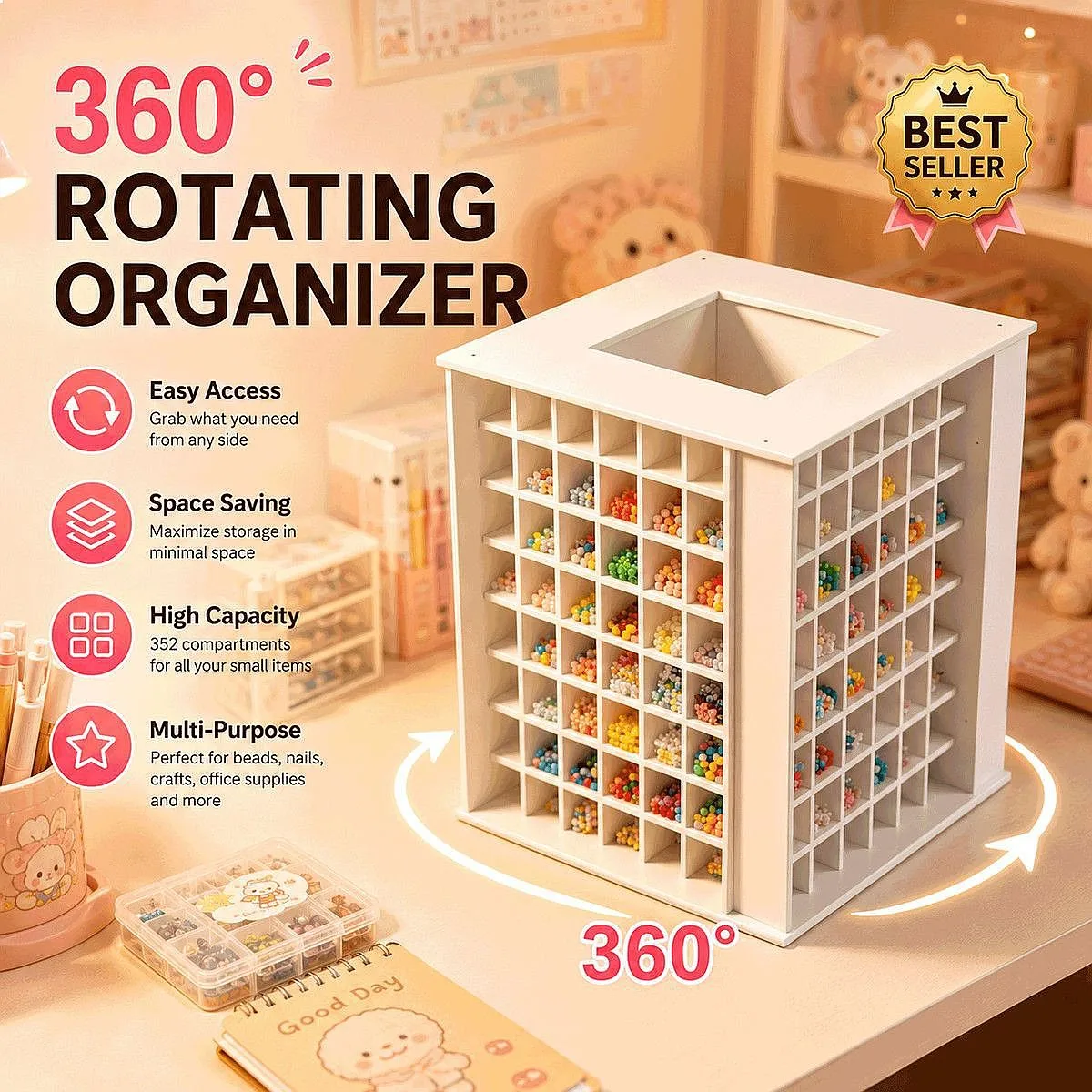 Large Capacity Rotating Desktop Fuse Beads Storage Rack with Multi-Compartment Sorting Box