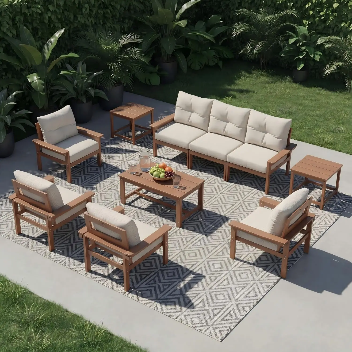 

HDPE 7 Piece Patio Furniture Set, All-Weather Outdoor Couch Set with Thick Cushions & Coffee Table & Side Table,, Customized