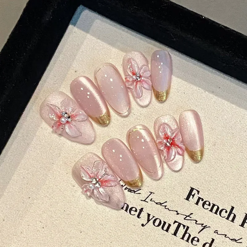 

24Pcs Flashing Carving Press on Nails Three-Dimensional Flower Cat-Eye False Nail for Women&Girl Pink Detachable Wearable Nail