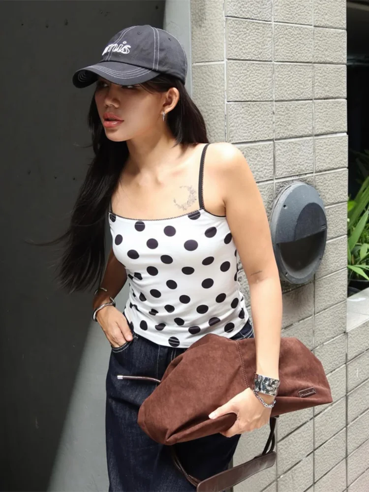 

Sleeveless Polka Dot T-shirt Sling Fashion Women Square Collar Off-shoulder Sleeveless Shirts 2026 Summer Commute Street Tops
