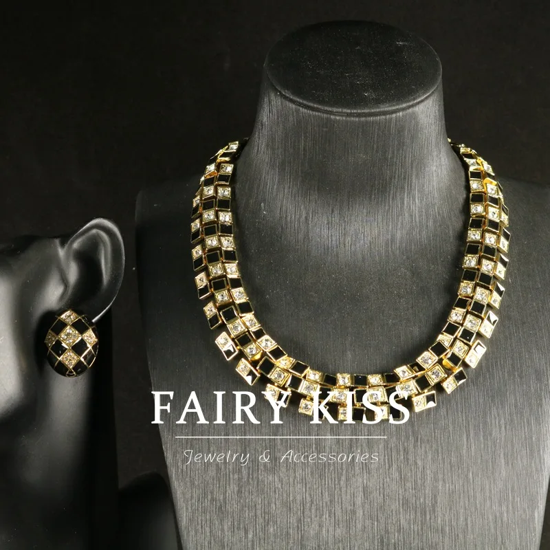 color-block enamel diamond gold-plated earrings necklace waterdrop stud earrings