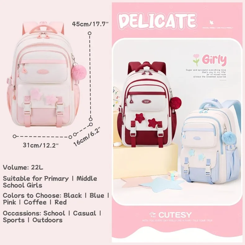 Primary Middle School Backpack for Girls Cute Backpack for School Pink School Bag for Teen Girls with Star Pins Furry Pendant
