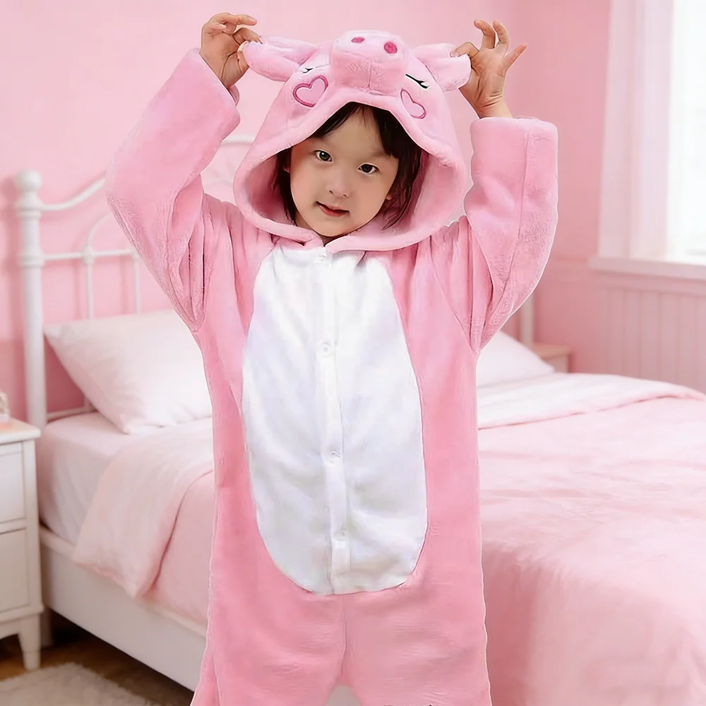 Cartoon Kigurumi for Kids Onesies Winter Flannel Warm Pajamas Animal Girls Pink Pig Hooded Sleepwear Jumpsuit Cospaly Costumes