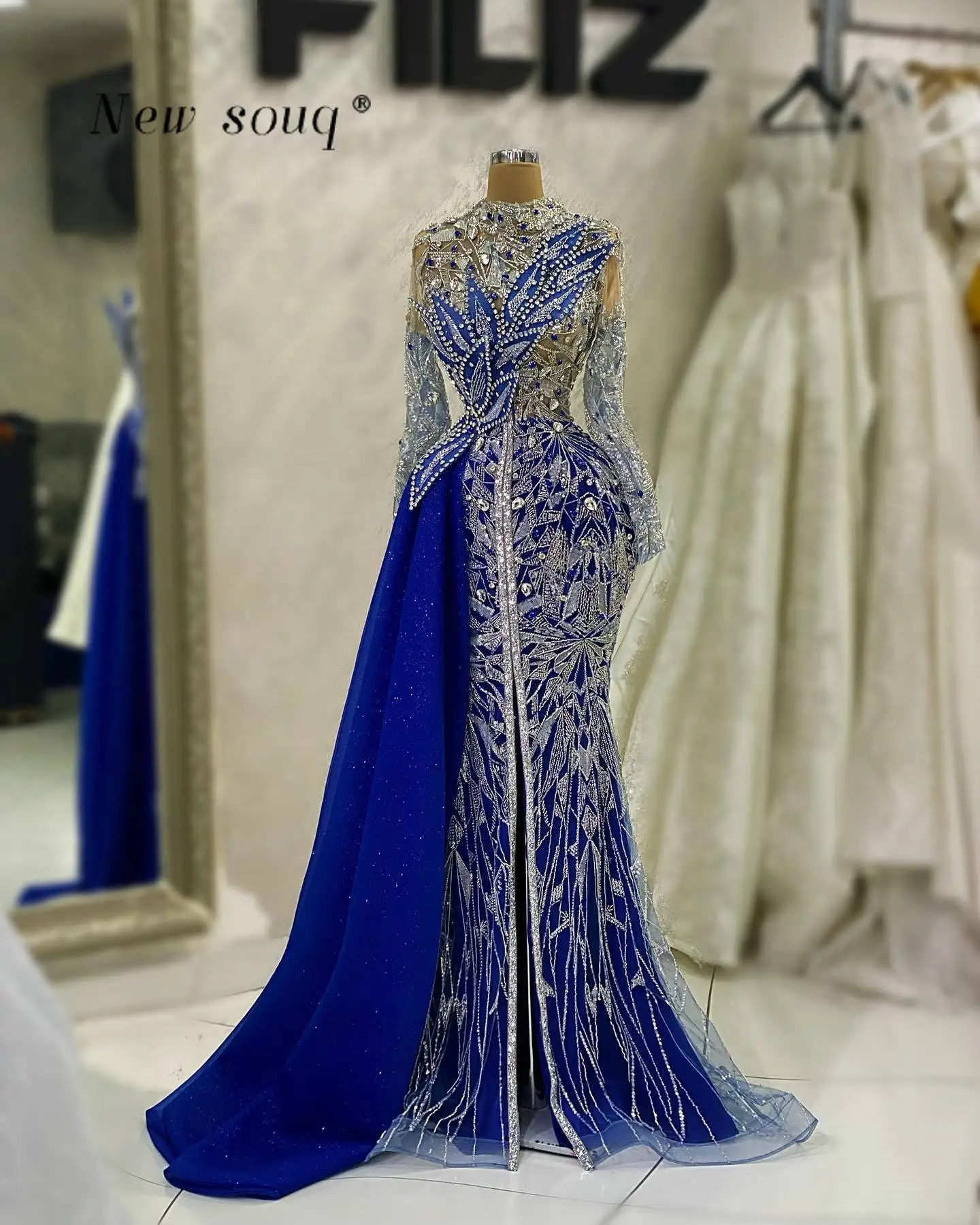 Robe de soirée longue de forme sirène, bleu arabe, paillettes perlées, paillettes, avec fente sur le devant, robes de soirée de mariage formelles personnalisées pour femmes