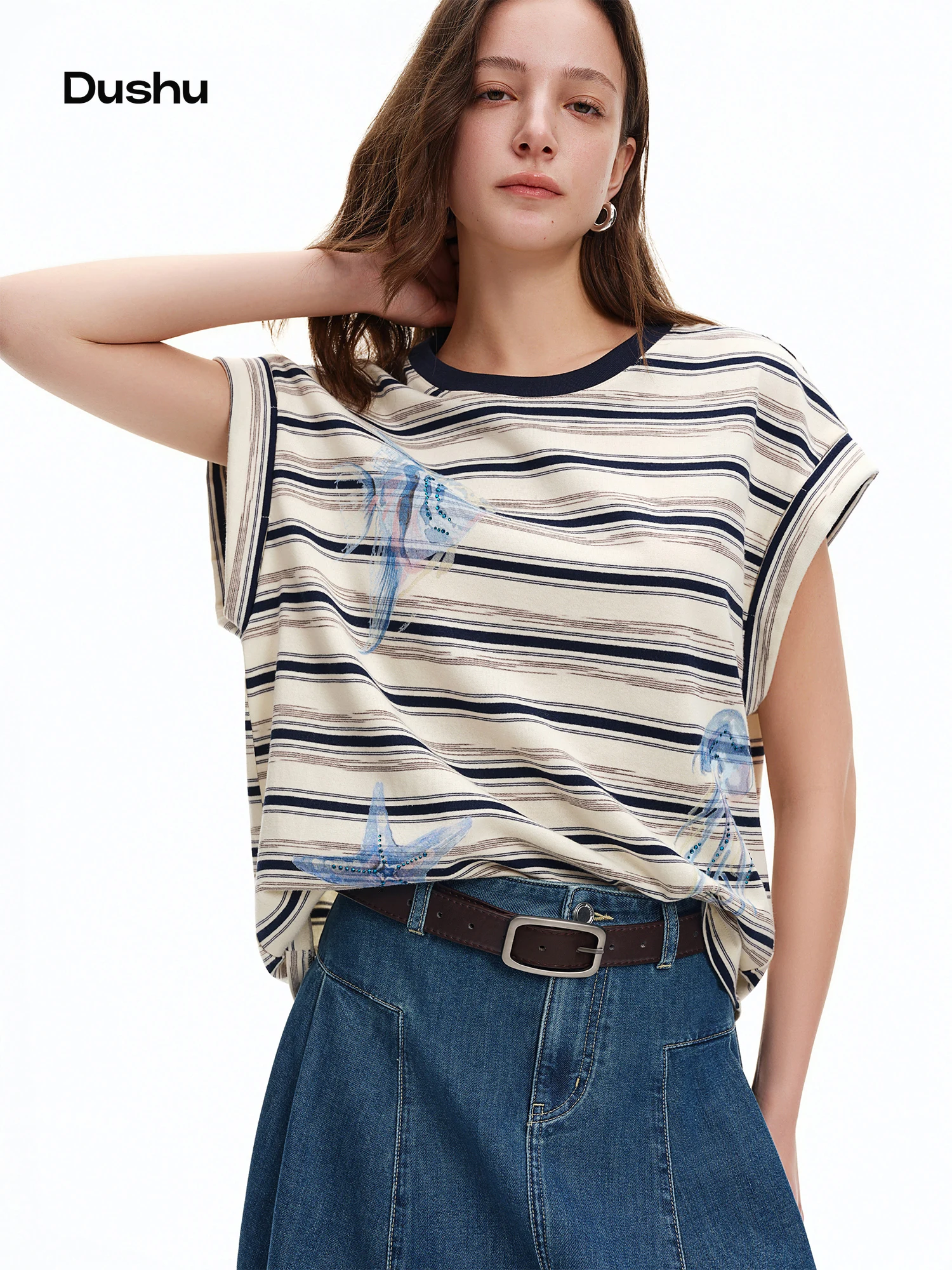 DUSHU Rhinestone Ocean Print Striped Raglan Sleeve T-Shirt 2026 Summer O-neck Leisure Holiday Loose Fit Cozy Print Top BF Chic