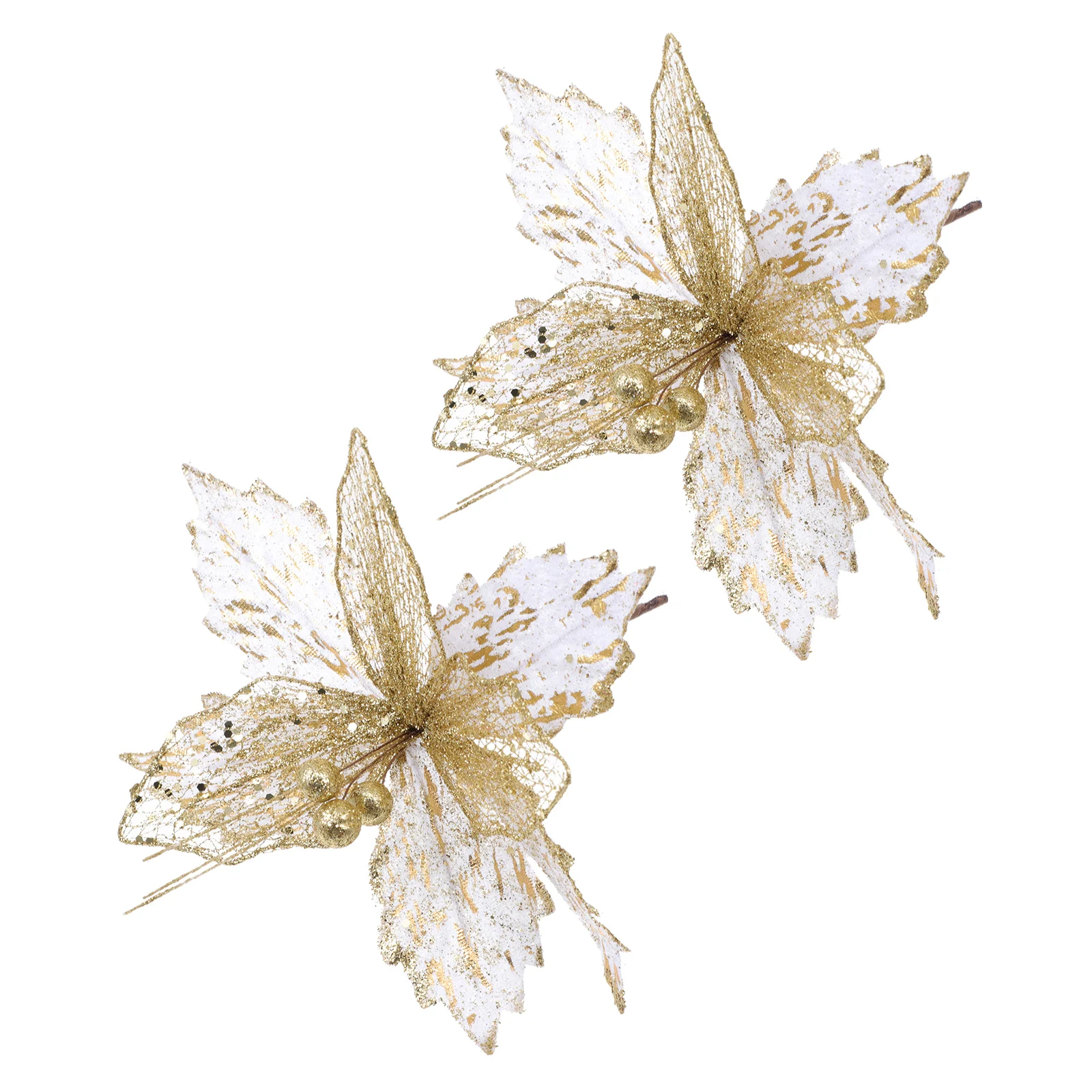 

2pcs Christmas Artificial Flowers Simulation Garland Decor Golden Faux Flower Heads for Tree Wreath Arrangements Table