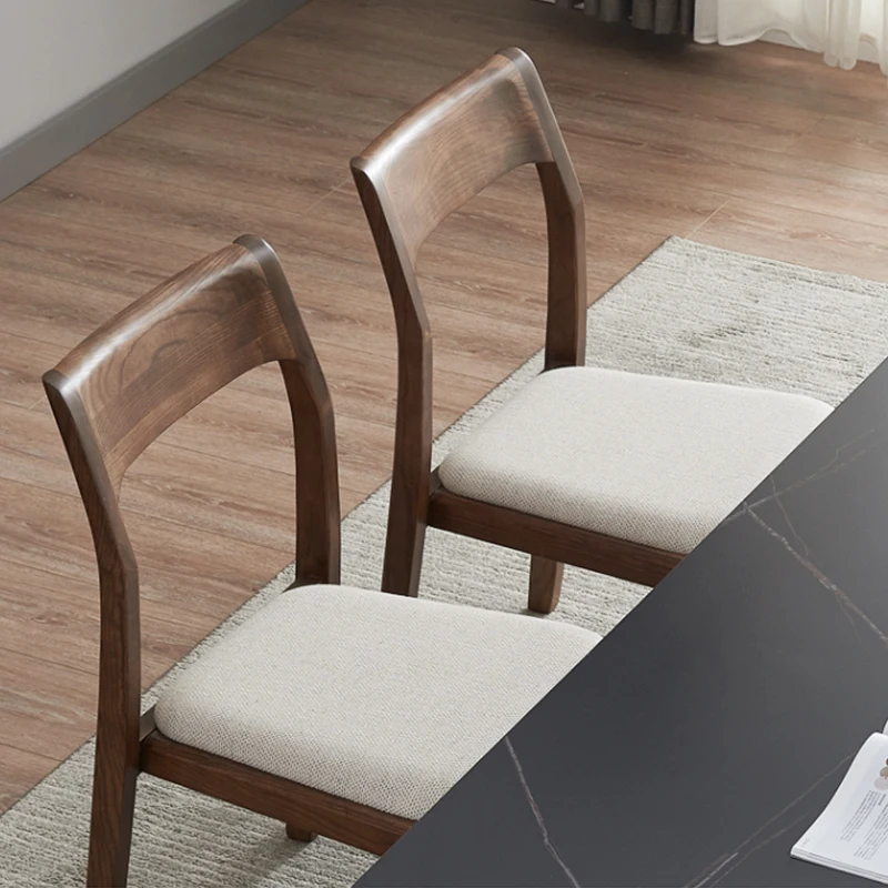 @#Solid Ash Wood Dining Chair Home Nordic Walnut-Colored Stool Backrest Dining Table and Set