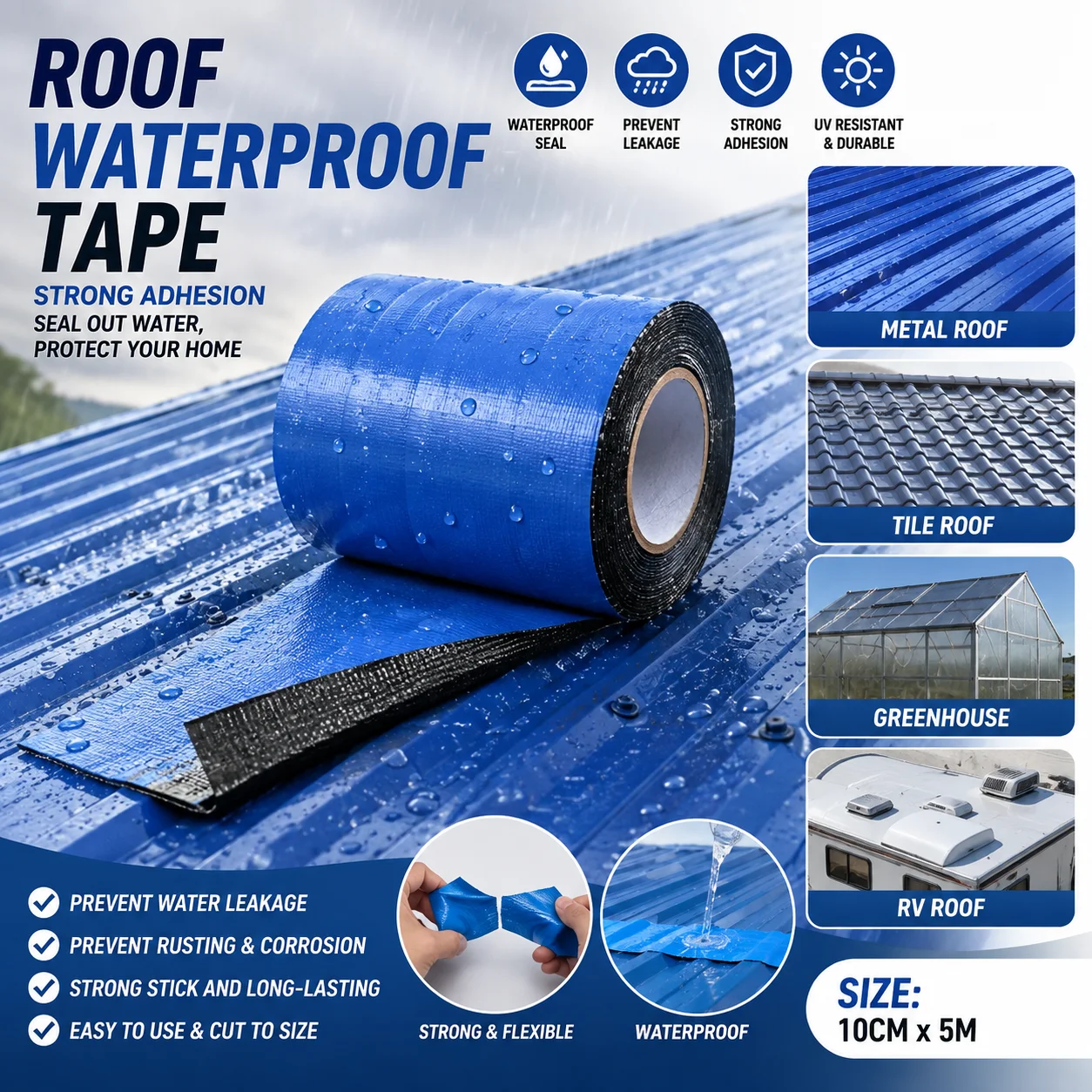 Butyl Waterproof Roof Repair Tape, Self‑Adhesive Aluminum Foil Sealing Band for Roof Tile Crack Patching & Waterproofing