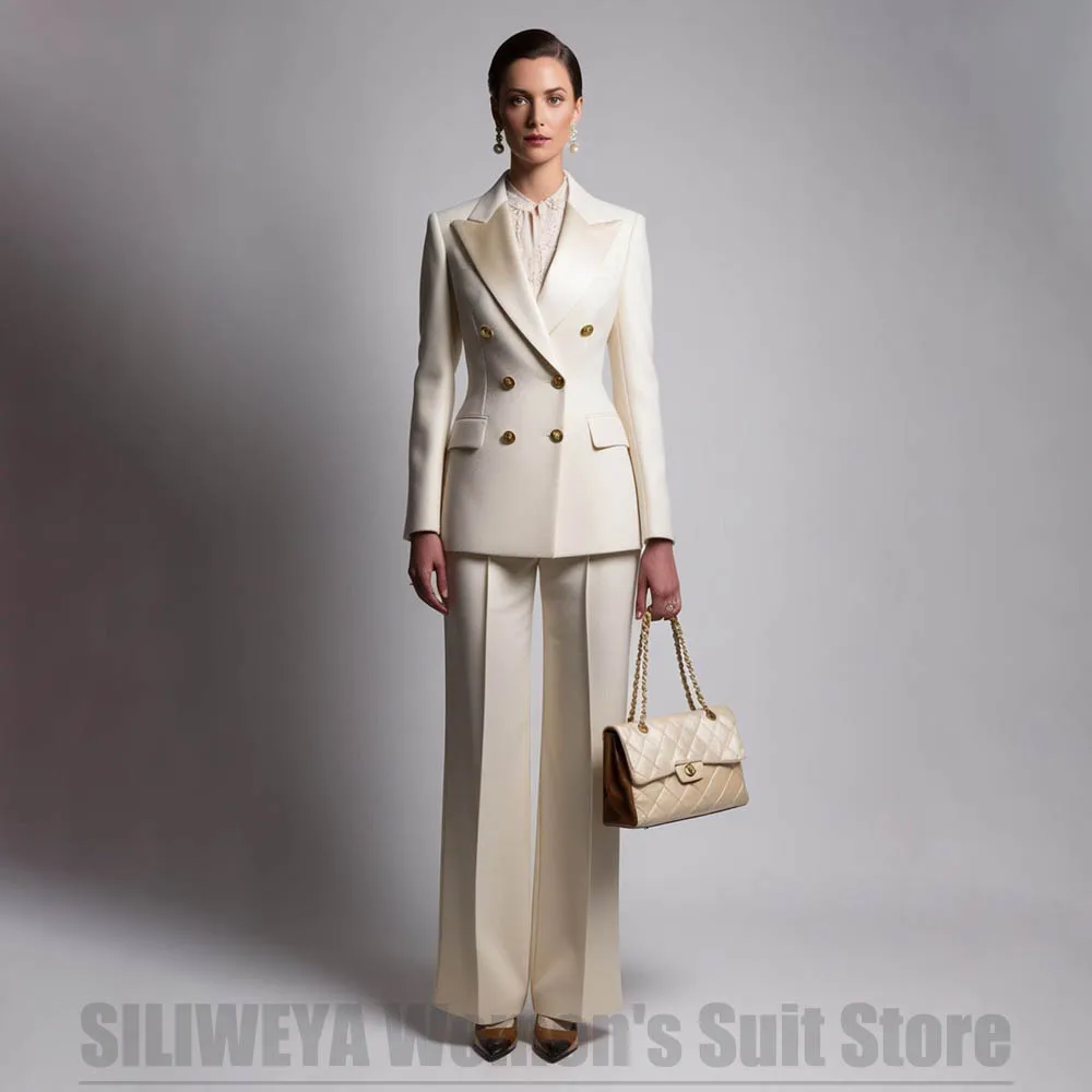 

Beige Women's Suit Chic Satin Peak Lapel Double Breasted Blazer and Wide Leg Pants Set Elegant Formal Office Lady Wedding Suits