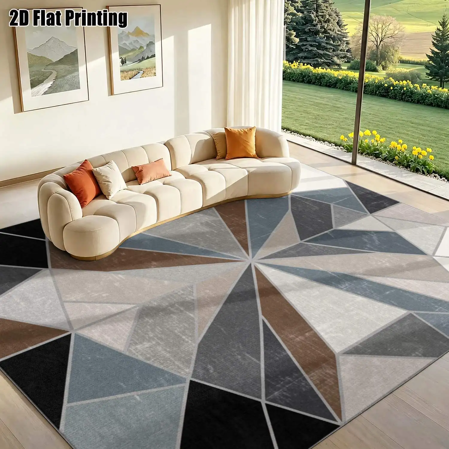 1Pc 2D Printed Carpet: Blue-Gray Geometric Patchwork, Nordic Style, Suitable for Modern Minimalist/Vintage/Geometric Stripe/Abstract Art Interiors Machine-Washable, Multi-Size, Ideal for Living Room, Bedroom, Dining Room, Entryway, Study Decor.