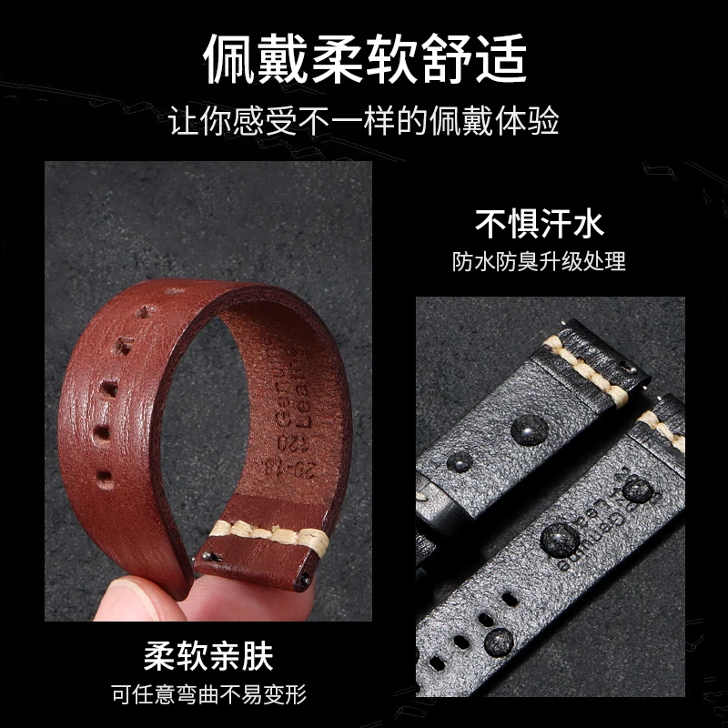 Mach J-20 Pilot Top Grain Leather Strap لساعة FIYTA Ocean Star GA867007 للرجال - تصميم عسكري عتيق سريع الإصدار