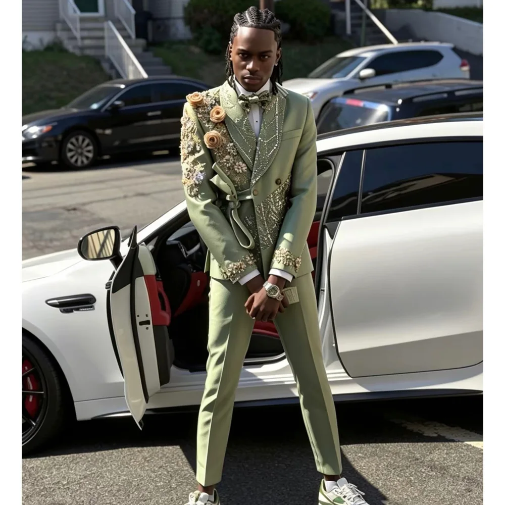 Green Jacquard Groom Wear Diamonds Crystal Formal Men Suits 2 Piece Jacket And Pants Sets Smart Casual Business Blazer