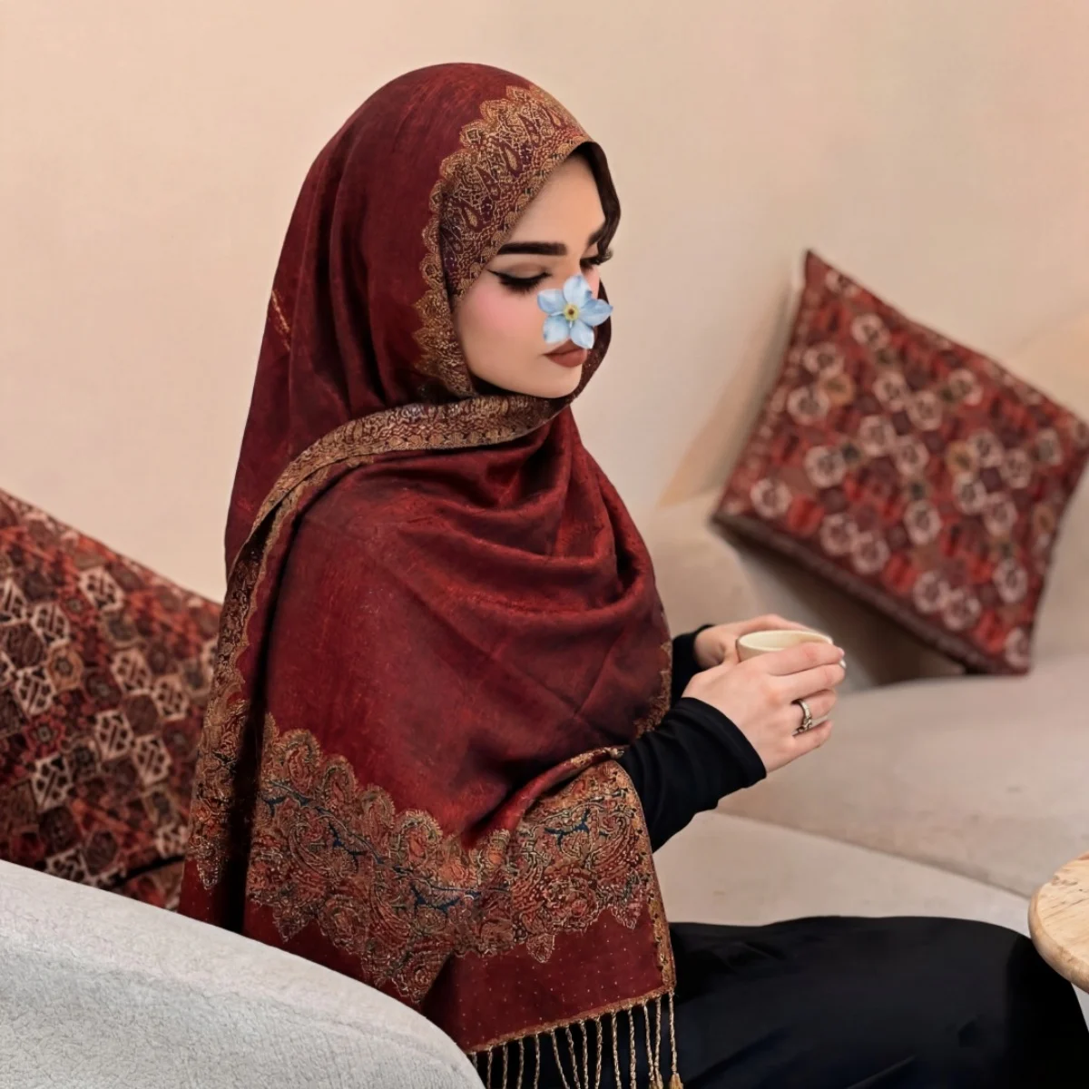 Cashmere Female Scarf Hijab Pashmina Shawl Bandana Wrap For Spring Outing Office Meeting Antique Flower Tassel Supple Spacious