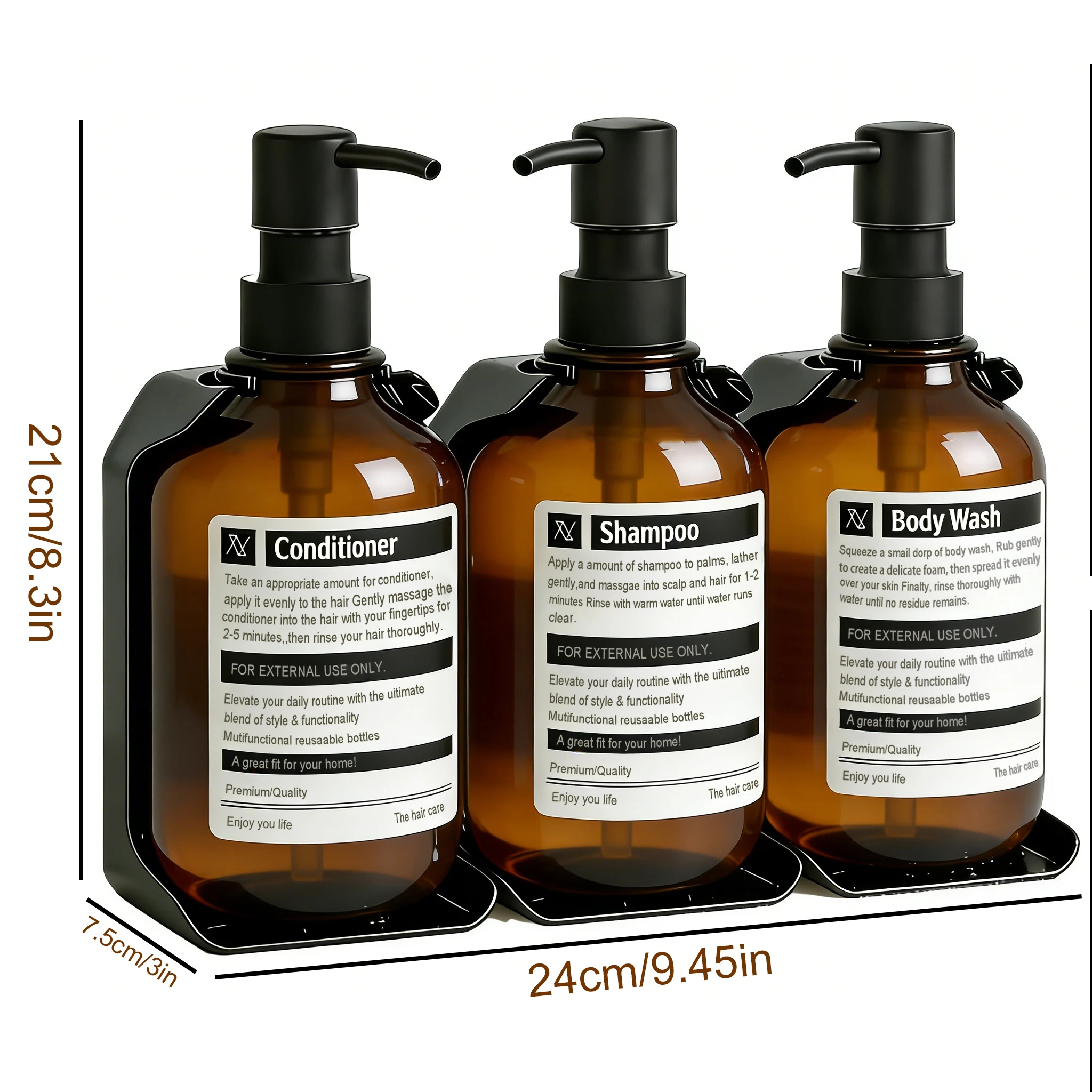 Wall Mount Shower Soap Dispenser, Refillable Shampoo Conditioner Body Wash Bottle with Wall Holder, No Drill Bathroom Containers view 3