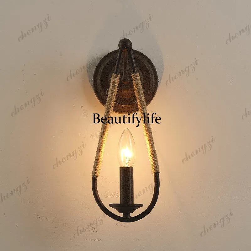 01A American retro hemp rope single-headed wall lamp antique bedroom bedside lamp guest dining room wall corridor lamp