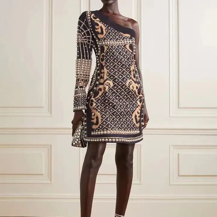 

2025 New Totem Printed Nail Bead One-shoulder Sexy Slanted Collar Long Sleeve A-line Short Dress Women's Clothing